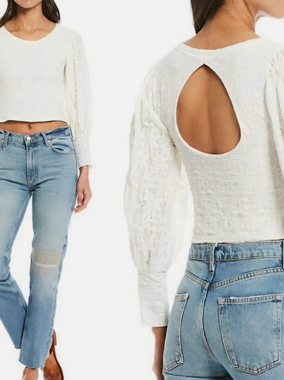Free People Tea Time Cream Lace Knit Crop Top with Open Back.
